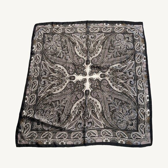 Satin Black Grey Brown & White Square Paisley Mirrored Pattern Scarf - Picture 1 of 5